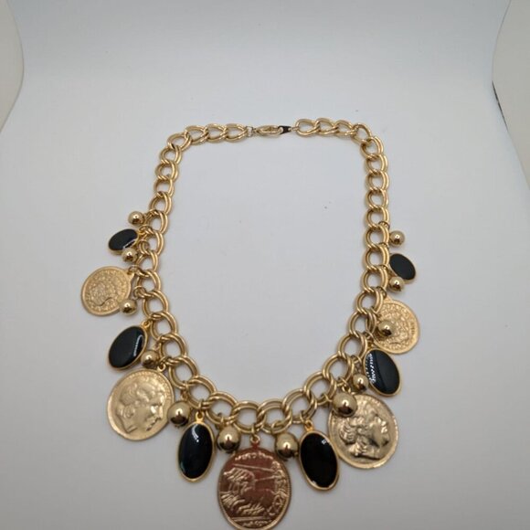 Coin Necklace Black Disc Charms Coin Dangles Charms Gold Tone Link Chain 24" - Picture 2 of 7